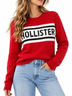 NWT Hollister Red Logo Crewneck Sweater M Varsity Preppy Knit
